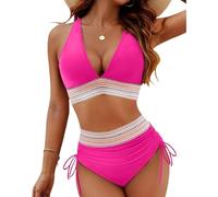V-Ausschnitt-Patchwork-Bikini, 2-teiliges Set, Zweiteiliger Badeanzug mit Kordelzug 2024, 2024 V-Ausschnitt-Bikini-Set (Medium,Rose red)
