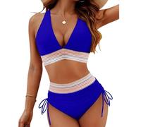 V-Ausschnitt-Patchwork-Bikini, 2-teiliges Set, Zweiteiliger Badeanzug mit Kordelzug 2024, 2024 V-Ausschnitt-Bikini-Set (X-Large,Blue)