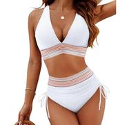 V-Ausschnitt-Patchwork-Bikini, 2-teiliges Set, Zweiteiliger Badeanzug mit Kordelzug 2024, 2024 V-Ausschnitt-Bikini-Set (X-Large,White)