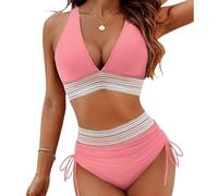 V-Ausschnitt-Patchwork-Bikini, 2-teiliges Set, Zweiteiliger Badeanzug mit Kordelzug 2024, 2024 V-Ausschnitt-Bikini-Set (Medium,pink)