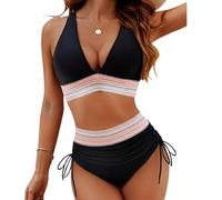 V-Ausschnitt-Patchwork-Bikini, 2-teiliges Set, Zweiteiliger Badeanzug mit Kordelzug 2024, 2024 V-Ausschnitt-Bikini-Set (Small,Black)