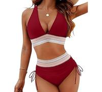 V-Ausschnitt-Patchwork-Bikini, 2-teiliges Set, Zweiteiliger Badeanzug mit Kordelzug 2024, 2024 V-Ausschnitt-Bikini-Set (Small,red)