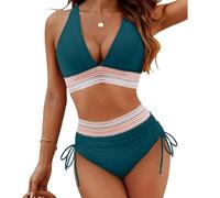 V-Ausschnitt-Patchwork-Bikini, 2-teiliges Set, Zweiteiliger Badeanzug mit Kordelzug 2024, 2024 V-Ausschnitt-Bikini-Set (Medium,Green)