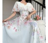 V-Ausschnitt Poncho Design Taillengegürtet ausgestelltes Chiffon Kleid mit Muster für Frauen