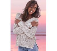 V-Ausschnitt-Pullover BUFFALO, Damen, Gr. 44/46, braun, creme, Strick, Obermaterial: 100% Polyester, meliert, figurumspielend hüftlang, tiefer V-Ausschnitt, Strickbündchen, Pullover, aus weichem Cheni