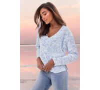 V-Ausschnitt-Pullover BUFFALO, Damen, Gr. 48/50, blau, creme, Strick, Obermaterial: 100% Polyester, meliert, figurumspielend hüftlang, tiefer V-Ausschnitt, Strickbündchen, Pullover, aus weichem Chenil