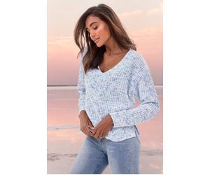 V-Ausschnitt-Pullover BUFFALO, Damen, Gr. 48/50, blau, creme, Strick, Obermaterial: 100% Polyester, meliert, figurumspielend hüftlang, tiefer V-Ausschnitt, Strickbündchen, Pullover, aus weichem Chenil