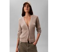 V-Ausschnitt-Pullover CALVIN KLEIN JEANS "WOVEN LABEL CARDIGAN", Damen, Gr. XS, beige (oatmeal melange), Web, Obermaterial: 100% Baumwolle, unifarben, regular fit taillenbedeckt, V-Ausschnitt, eingese