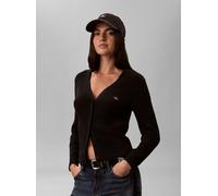 V-Ausschnitt-Pullover CALVIN KLEIN JEANS "WOVEN LABEL CARDIGAN", Damen, Gr. XXL, schwarz, Web, Obermaterial: 100% Baumwolle, unifarben, regular fit taillenbedeckt, V-Ausschnitt, eingesetzt gerader Abs