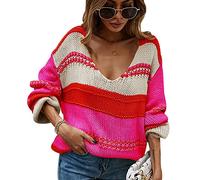 V Ausschnitt Pullover Damen Strick Strickpullover Damen Oversize Zopfmuster Zopfstrick Pullover Frauen Strickpulli Pulli V Neck Gestreifter Pullover V-Pullover Grober Strickpullover Damen Rosa M