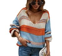 V Ausschnitt Pullover Damen Strick Strickpullover Damen Oversize Zopfmuster Zopfstrick Pullover Frauen Strickpulli Pulli V Neck Gestreifter Pullover V-Pullover Grober Strickpullover Damen Orange L