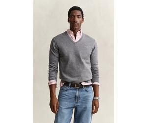 V-Ausschnitt-Pullover GANT "CLASSIC COTTON V-NECK", Herren, Gr. 4XL, dunkelgrau melange, Strick, Obermaterial: 100% Baumwolle, unifarben, regular fit normal, V-Ausschnitt, eingesetzt angesetztes Bündc