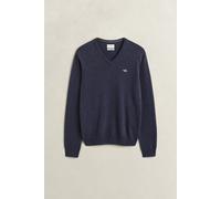 V-Ausschnitt-Pullover GANT "SUPERFINE LAMBSWOOL V-NECK", Herren, Gr. M, blau (schwarz navy melange), Strick, Obermaterial: 100% Wolle, normal, V-Ausschnitt, Rippbündchen, Pullover, regular fit, geripp