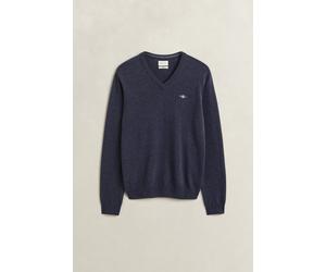 V-Ausschnitt-Pullover GANT "SUPERFINE LAMBSWOOL V-NECK", Herren, Gr. M, blau (schwarz navy melange), Strick, Obermaterial: 100% Wolle, normal, V-Ausschnitt, Rippbündchen, Pullover, regular fit, geripp