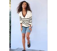 V-Ausschnitt-Pullover HEINE "Pullover", Damen, Gr. 38, schwarz (schwarz, ecru, geringelt), 70% Viskose, 30% Polyamid, gemustert, gestreift, Pullover (28427743-38) schwarz, ecru, geringelt