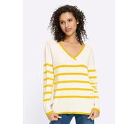 V-Ausschnitt-Pullover HEINE "Pullover", Damen, Gr. 50, sonnengelb, ecru, geringelt, 70% Viskose, 30% Polyamid, gemustert, gestreift, Pullover (70772315-50) sonnengelb, ecru, geringelt