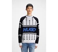 V-Ausschnitt-Pullover HUGO BLUE "Shalock", Herren, Gr. M, weiß (weiß100), Strick, Obermaterial: 51% Polyacryl, 47% Baumwolle, 2% Polyester, Intarsienmuster, hüftlang, V-Ausschnitt, Bündchen, Pullover,