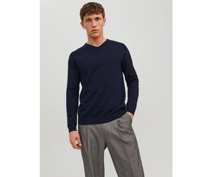 V-Ausschnitt-Pullover JACK & JONES "JJEBASIC mit V-Ausschnitt, ideal für Herbst und Alltag", Herren, Gr. M, blau (navy blazer), Obermaterial: 100% Baumwolle, unifarben, schmal, V-Ausschnitt, Pullover,