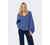 V-Ausschnitt-Pullover JDY "JDYDINEA L/S REVERSIBLE PULLOV. KNT NOOS", Damen, Gr. L, blau (bleached denim), Strick, Obermaterial: 80% Polyacryl, 20% Polyester, unifarben, loose fit hüftlang, V-Ausschni
