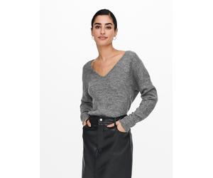 V-Ausschnitt-Pullover JDY "JDYELANORA L/S V-NECK PULLO. KNT NOOS", Damen, Gr. S, grau (dunkelgrau melange), Strick, Obermaterial: 74% Polyacryl, 20% Nylon, 6% Elasthan, meliert, unifarben, figurumspie