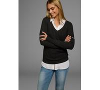 V-Ausschnitt-Pullover KANGAROOS, Damen, Gr. 36/38, grau (anthrazit), Rippstrick, Obermaterial: 50% Baumwolle, 50% Polyacryl, unifarben, sehr figurbetont hüftlang, V-Ausschnitt, Rippbündchen mit Daumen