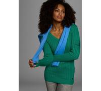 V-Ausschnitt-Pullover KANGAROOS, Damen, Gr. 36/38, grün, Rippstrick, Obermaterial: 50% Baumwolle, 50% Polyacryl, unifarben, sehr figurbetont hüftlang, V-Ausschnitt, Rippbündchen mit Daumenlöchern, Pul