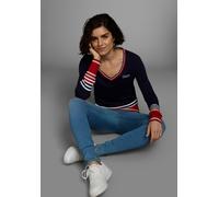 V-Ausschnitt-Pullover KANGAROOS, Damen, Gr. 40/42, blau (marine, rot), Feinstrick, Obermaterial: 50% Baumwolle, 50% Polyacryl, gestreift, Basic hüftbedeckend, V-Ausschnitt, Strickbündchen, Pullover Fe