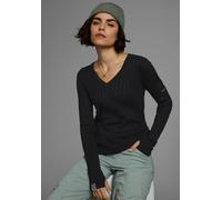 V-Ausschnitt-Pullover KANGAROOS, Damen, Gr. 40/42, schwarz, Rippstrick, Obermaterial: 50% Baumwolle, 50% Polyacryl, unifarben, sehr figurbetont hüftlang, V-Ausschnitt, Rippbündchen mit Daumenlöchern, 