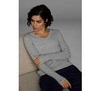 V-Ausschnitt-Pullover KANGAROOS, Damen, Gr. 44/46, grau (hellgrau, melange), Rippstrick, Obermaterial: 100% Baumwolle, unifarben, sehr figurbetont hüftlang, V-Ausschnitt, Rippbündchen mit Daumenlöcher