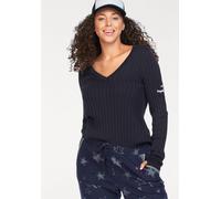 V-Ausschnitt-Pullover KANGAROOS, Damen, Gr. 48/50, blau (marine), Rippstrick, Obermaterial: 50% Baumwolle, 50% Polyacryl, unifarben, sehr figurbetont hüftlang, V-Ausschnitt, Rippbündchen mit Daumenlöc