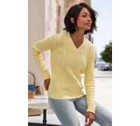 V-Ausschnitt-Pullover LASCANA, Damen, Gr. 44/46, gelb, Strick, Obermaterial: 50% Baumwolle, 50% Polyacryl, Zopfmuster, figurumspielend hüftlang, V-Ausschnitt, Rippbündchen, Pullover, mit Zopfstrickmus