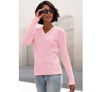 V-Ausschnitt-Pullover LASCANA "mit Zopfstrickmuster", Damen, Gr. 40/42, rosé, Strick, Obermaterial: 50% Baumwolle, 50% Polyacryl, Zopfmuster, figurumspielend hüftlang, V-Ausschnitt, Rippbündchen, Pull