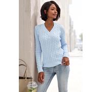 V-Ausschnitt-Pullover LASCANA, Damen, Gr. 44/46, hellblau, Strick, Obermaterial: 50% Baumwolle, 50% Polyacryl, Zopfmuster, figurumspielend hüftlang, V-Ausschnitt, Rippbündchen, Pullover, mit Zopfstric