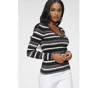 V-Ausschnitt-Pullover MELROSE, Damen, Gr. 42, schwarz (schwarz, pink), Feinstrick, Obermaterial: 43% Viskose, 22% Polyamid, 20% Polyester, 15% metallisierte Fasern, gestreift, metallisierte Fasern, se