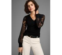 V-Ausschnitt-Pullover MELROSE, Damen, Gr. 44, schwarz, Feinstrick, Obermaterial: 70% Viskose, 30% Polyamid. Spitze: 100% Polyamid, leicht durchscheinend, unifarben, figurbetont hüftbedeckend, tiefer V