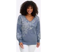 V-Ausschnitt-Pullover SHEEGO BY JOE BROWNS "Pullover", Damen, Gr. 40/42, blau (taubenblau, champagner, gemustert), 50% Viskose, 25% Polyester, 25% Polyamid, gemustert, mehrfarbig, Pullover (25745907-4