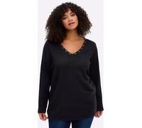 Sheego Pullover mit tiefem V-Ausschnitt und Ösenverzierung 44/46 schwarz