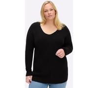 V-Ausschnitt-Pullover SHEEGO "Pullover", Damen, Gr. 52/54, blau (tiefblau, meliert), 55% Polyacryl, 36% Polyester, 5% Wolle, 4% Elasthan, unifarben, Pullover (16077330-52) tiefblau, meliert