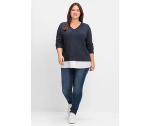 V-Ausschnitt-Pullover SHEEGO "Strickpullover", Damen, Gr. 48/50, blau (tiefblau, meliert), 50% Viskose, 26% Polyamid, 24% Polyester, unifarben, Pullover (78869240-48) tiefblau, meliert