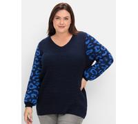 V-Ausschnitt-Pullover SHEEGO "V-Ausschnitt-Pullover", Damen, Gr. 48/50, blau (tiefblau, gemustert), 100% Polyacryl, gemustert, Pullover (72167319-48) tiefblau, gemustert