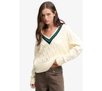 V-Ausschnitt-Pullover SUPERDRY "CLASSIC CABLE CRICKET KNIT", Damen, Gr. L, beige (dusty ecru), Strick, Obermaterial: 100% Baumwolle, unifarben mit Farbeinsatz, loose fit normal, V-Ausschnitt, Bündchen