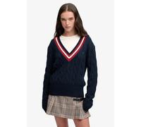 V-Ausschnitt-Pullover SUPERDRY "CLASSIC CABLE CRICKET KNIT", Damen, Gr. L, blau (eclipse navy), Strick, Obermaterial: 100% Baumwolle, unifarben mit Farbeinsatz, loose fit normal, V-Ausschnitt, Bündche