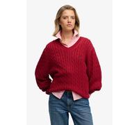 V-Ausschnitt-Pullover SUPERDRY "OVERSIZED CABLE V NECK JUMPER", Damen, Gr. S, bordeaux rot, Strick, Obermaterial: 100% Baumwolle, unifarben, oversize normal, V-Ausschnitt, Bündchen, Pullover, Baumwoll
