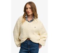 V-Ausschnitt-Pullover SUPERDRY "OVERSIZED CABLE V NECK JUMPER", Damen, Gr. S, natural weiß, Strick, Obermaterial: 100% Baumwolle, unifarben, oversize normal, V-Ausschnitt, Bündchen, Pullover, Baumwoll