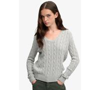 V-Ausschnitt-Pullover SUPERDRY "WOOL BLEND CABLE V NECK", Damen, Gr. L, grau (storm grau marl), Strick, Obermaterial: 40% Polyacryl, 30% Wolle, 30% Nylon, meliert, unifarben, normal, V-Ausschnitt, Bün