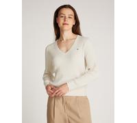 Tommy Hilfiger Damen CO Cable FINE GG V-NK LS SWT WW0WW44987 Pullover Sweater, Beige (Heather Ivory Petal), L, Beige (Heather Ivory Petal), L
