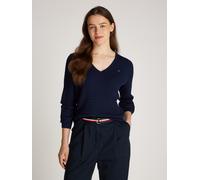 V-Ausschnitt-Pullover TOMMY HILFIGER "CO CABLE V-NK LS SWT", Damen, Gr. XS (34), blau (schwarz night navy), Strick, Obermaterial: 100% Baumwolle, unifarben, normal kurz, V-Ausschnitt, Rippstrickbündch