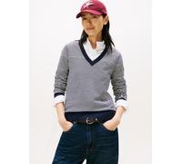 V-Ausschnitt-Pullover TOMMY HILFIGER "CO JERSEY STITCH V-NK SWEATER mit V-Ausschnitt und Ripp", Damen, Gr. S (36), bretton stripe schwarz night navy, Feinstrick, Obermaterial: 67% Baumwolle, 33% Polya