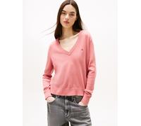 V-Ausschnitt-Pullover TOMMY JEANS "TJW ESSENTIAL VNECK SWEATER EXT", Damen, Gr. L (40), rosa (tahiti berry), Strick, Obermaterial: 100% Baumwolle, unifarben, normal normal, V-Ausschnitt, Rippstrickbün