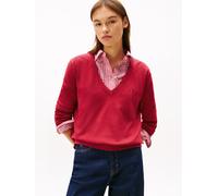 V-Ausschnitt-Pullover TOMMY JEANS "TJW ESSENTIAL VNECK SWEATER EXT", Damen, Gr. M (38), rot (ruby rhubarb), Strick, Obermaterial: 100% Baumwolle, unifarben, normal kurz, V-Ausschnitt, Rippstrickbündch